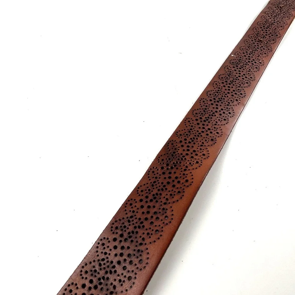 Leather Belt Womens M Brown Perforated Floral Boho Buckle Western Cottagecore